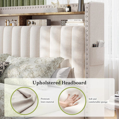 EnHomee King Size Bed Frame with 2 Drawer & 2-Tier Storage Headboard Shelf
