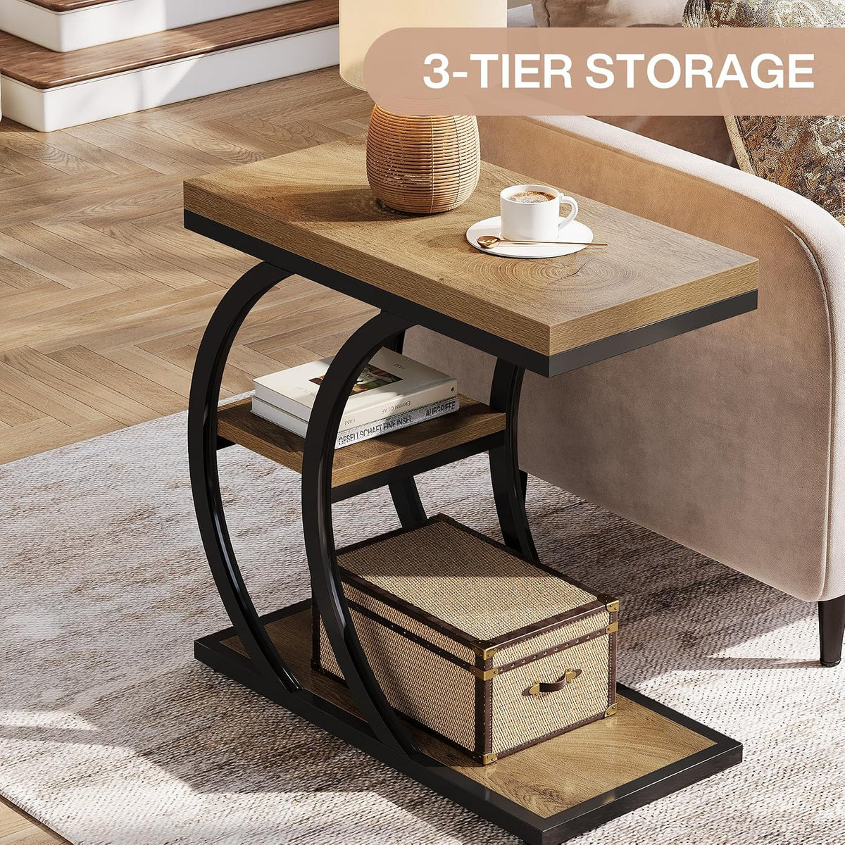 Tribesigns End Table Set of 2, 3-Tier Narrow Wood Couch C-Shaped Side Table with Storage, Industrial Nightstand for Bedroom, Small Spaces, Natural