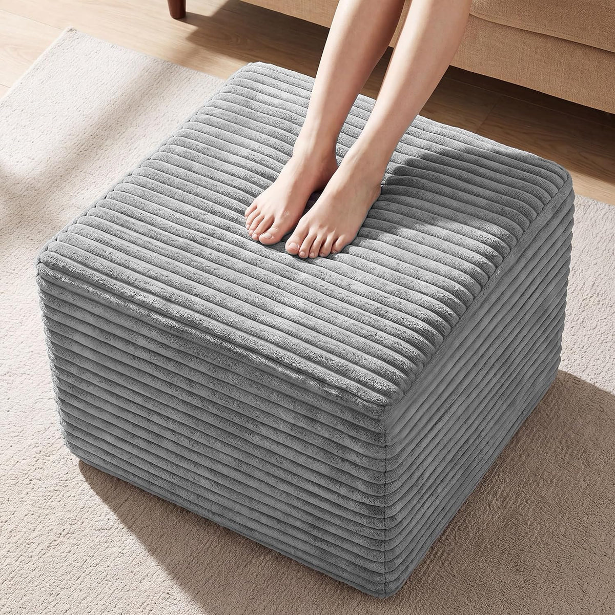 23in Square Pouf Ottoman, Large Corduroy Ottoman Foot Rest with Solid High-Density Foam, Removable Washable Cover, Soft Floor Foot Stool for Living Room, Bedroom, Grey