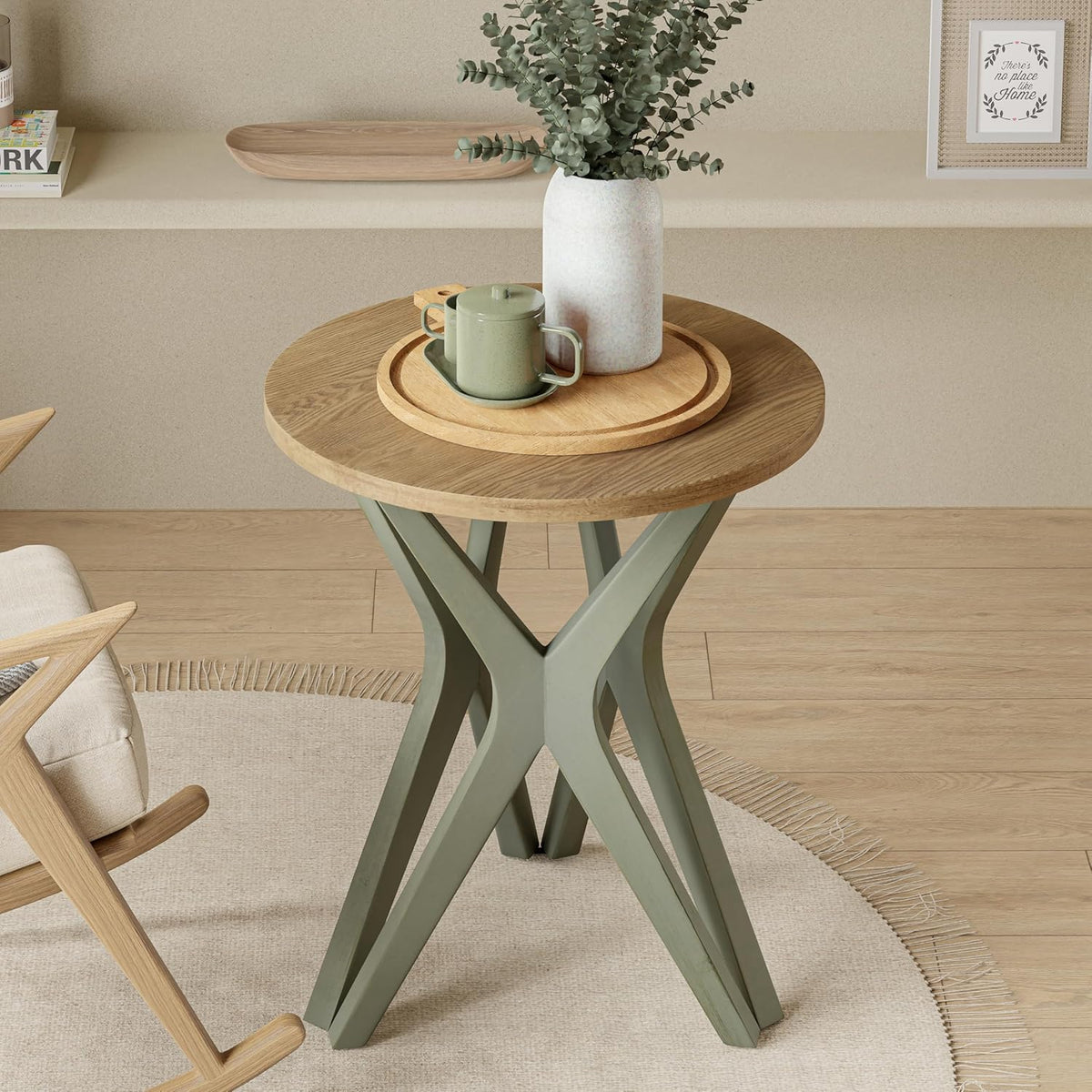 Pedestal Farmhouse End Table, Distressed Top with Tripod Base Bedside Table for Living Room, Modern, Boho, Round, Sage Green