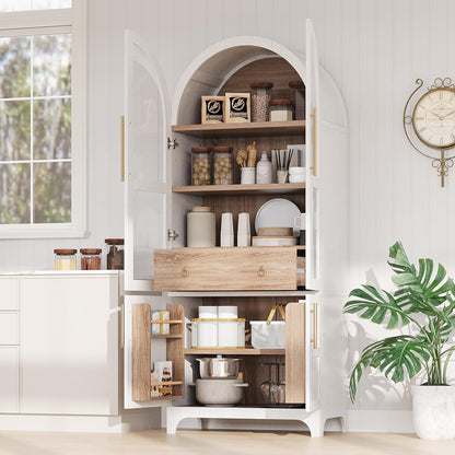 71" Tall Arched Farmhouse Pantry Cabinet with Adjustable Shelves & Glass Door, Spacious Storage Cabinet with Hidden Drawer & Door Racks for Kitchen, Dining Room, Living Room(White)