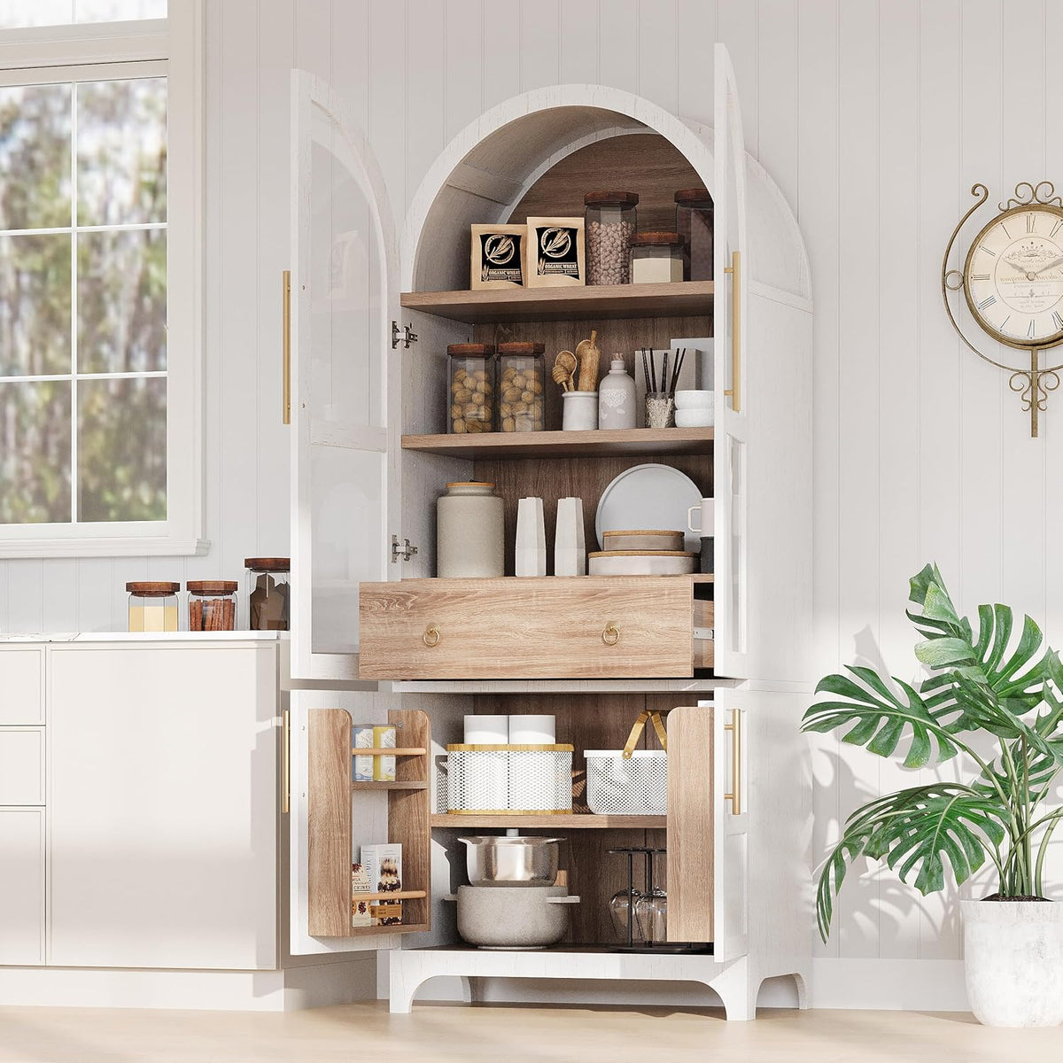 71" Farmhouse Tall Arched Kitchen Pantry Cabinet with Adjustable Shelves and Hidden Drawer, Anti-Tipping Storage Cupboard with Glass Door for Kitchen, Dining Room (White)