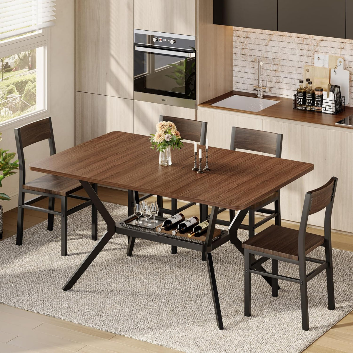 55 inch Dining Table for 4-6, Rectangle Kitchen Table with Storage Shelf, Space Saving Modern Farmhouse Design with Sturdy Metal Legs for Dining Room & Small Apartments