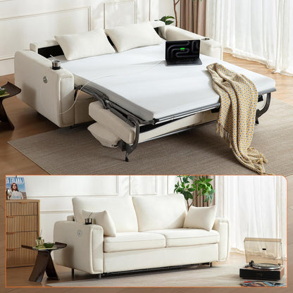 Pull Out Sofa Bed, No Cushion Removal, Queen Sleeper Sofa with USB Fast Charging, Memory Form Mattress, 2-in-1 Convertible Comfy Loveseat Couch Bed for RV, Apartment, and Small Spaces (White)