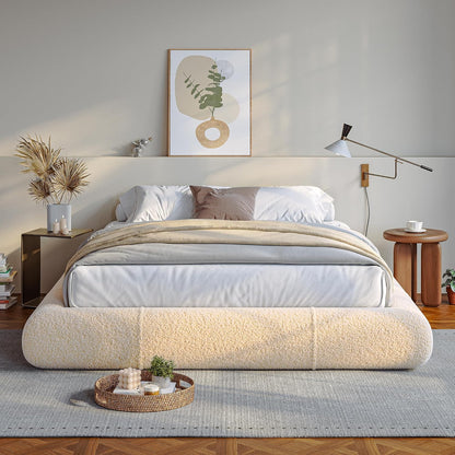 Homkdom Queen Boucle Platform Bed Frame with Anti-Collision Corners, Beige