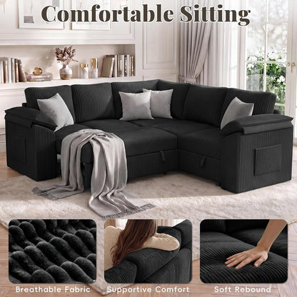 85 In L Shaped Modular Sectional Sofa Couch for Living Room, Black | Pull Out Sleeper Bed, 5 Seat Modular Design, Hidden Storage Space, Soft Corduroy Fabric, Removable Covers, Easy Assembly