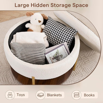 28.5 Inch Round Coffee Table Ottoman with Storgae, Modern Large Upholstered Circle Storgae Ottoman with Removable Lid Top and Metal Legs for Living Room, Bedroom, Teddy Fleece Beige