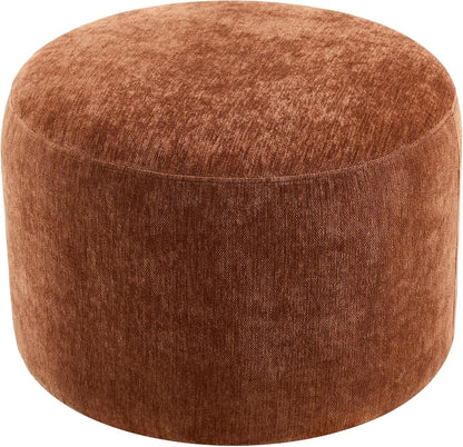 Upholstered Round Pouf Ottoman, Modern Footstool, Orange-Brown | Small Chenille Footrest with Soft Padded Seat & Wood Frame, Accent Vanity Stool for Bedroom (22.6"D x 22.6"W x 16.5"H)