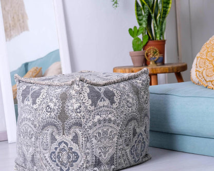 Mandala Life Art Pouf Ottoman - 20x20x20" - Foot Rest Stool - Gray Cube