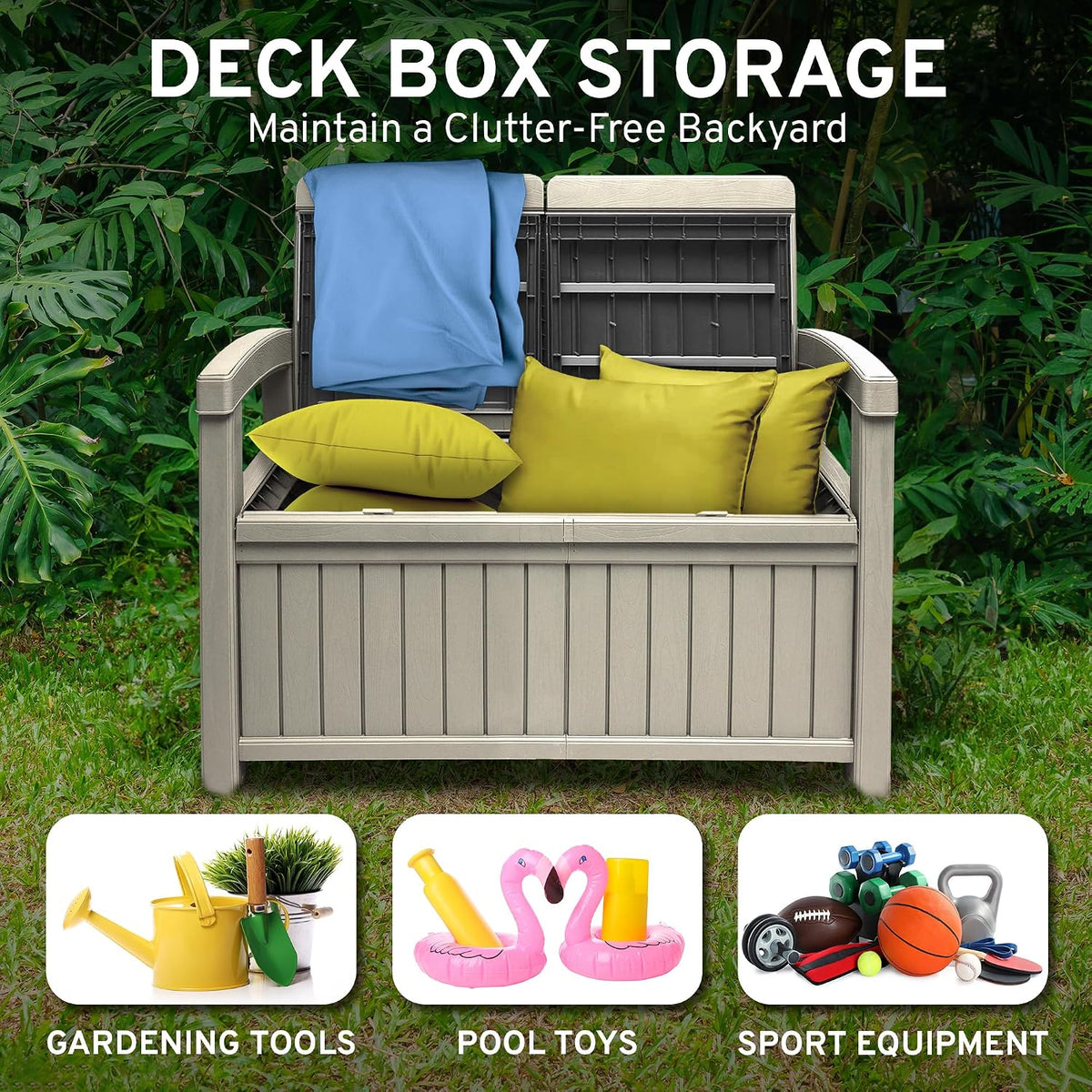 EconoHome 2 Seat Outdoor Storage Bench with Rain Cover - 60 Gallon Capacity - Weatherproof Resin Bench for Patio, Porch, Garden, Yard, Pool Area - Furniture for Pool Accessories, Gardening Tools