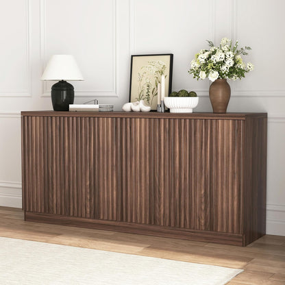 63" Fluted Buffet Cabinet Sideboard with Storage,Large Credenza with 4 Doors with Adjustable Shelves,Wood Mid Century Modern Sideboard for Kitchen, Living Room,Entryway(Walnut)