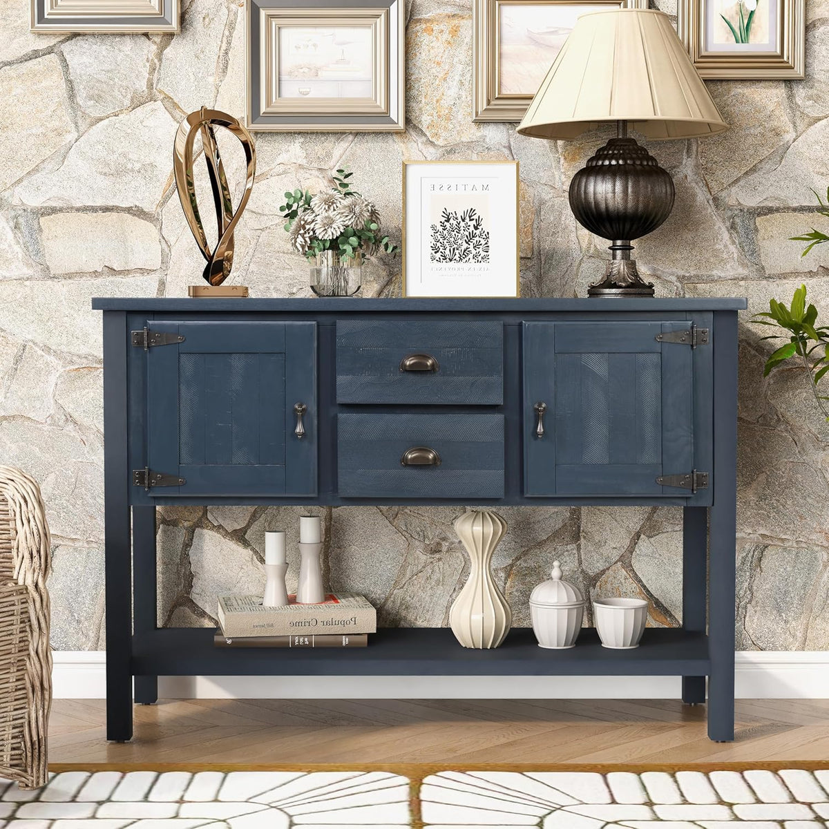 LKTART Solid Wood Farmhouse Console Table,Sofa Table with Storage Drawers and Shelves,Entryway Table for Entry Hallway Foyer Sofa Side Table,EasyAssembled (48" Navy Blue)