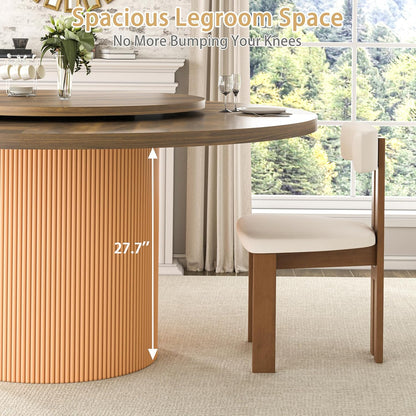 55 Inch Round Dining Table for 6 with Lazy Susan, Modern Farmhouse Kitchen Table with Wood Strip Base for Dining Living Room, Brown
