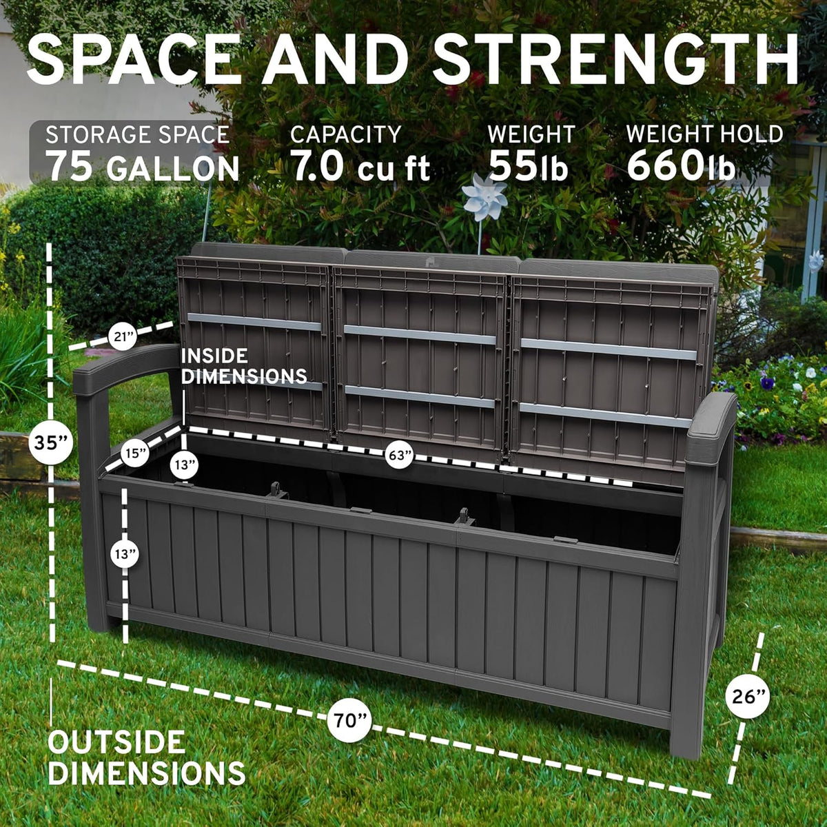 EconoHome 3 Seat Outdoor Storage Bench with Rain Cover - 90 Gallon Capacity - Weatherproof Resin Bench for Patio, Porch, Garden, Yard, Pool Area - Furniture for Pool Accessories, Gardening Tools