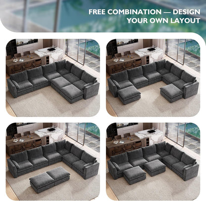 Ihanherry 146" Oversized Modular Sectional Sofa, Modern V Shaped Cloud Couch with 2 Storage Ottoman, 8-Seat Comfy Chenille Deep Seat Sofa with 2 Pillows for Living Room, Grey