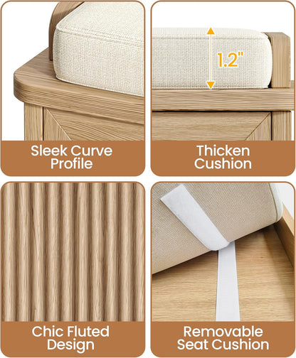 Akxomel Fluted Shoe Storage Bench with Cushion, 47.2" Entryway Bench with Adjustable Shelves and 4 Doors, Shoe Cabinet Bench with Curved Profile, for Hallway, Living Room, Bedroom, Natural Oak