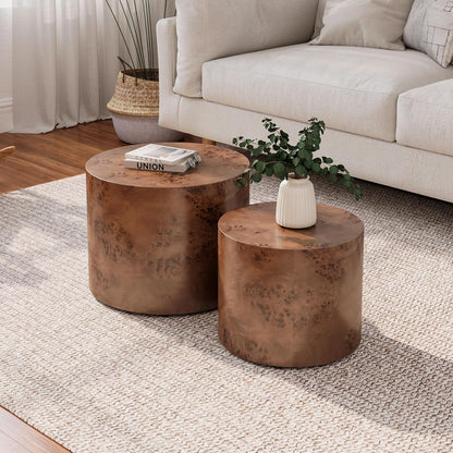 Nesting Coffee Table Set of 2, Modern Round Coffee Table, Wooden Circle Accent Tables for Small Spaces Living Room Bedroom Balcony Office Drum Side Table, Brown Burl