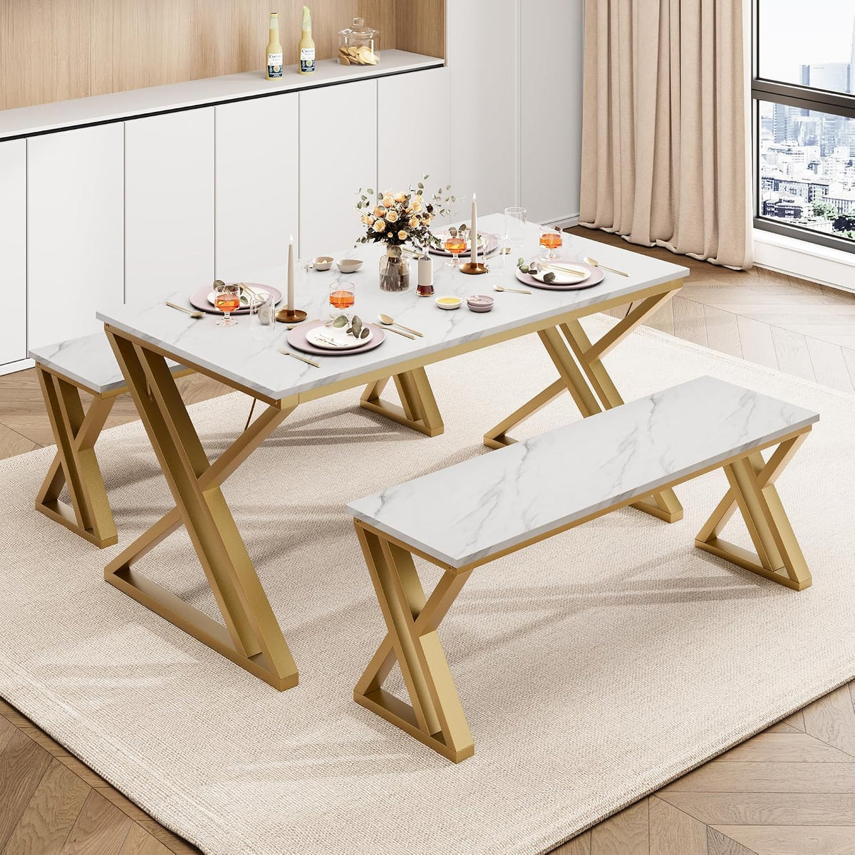 GarveeHome Kitchen Table with 2 Benches, Dining Table Set for 4 | Unique X-Shaped Design,Faux Marble Tabletop,Saving Space,For Kitchen, Dining Room,Apartment,Sturdy Metal Frame