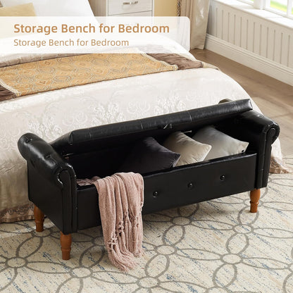 Storage Ottoman Bench, 50" Modern Upholstered End of Bed Bench, Faux Leather Rolled Armed Button-Tufted Ottoman with Storage for Living Room, Entryway, Window, Black