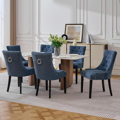 adochr Dining Chairs Set of 6, Upholstered Fabric Dining Room Chairs with Nailhead High Back & Ring Pull & Wooden Legs, Mid-Century Modern Kitchen Chairs for Restaurant, Living Room, Navy Blue