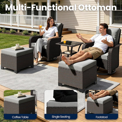 Gotland Outdoor Swivel Chairs Set of 2, 5 Pieces Patio Furniture Set with Ottomans Rattan Coffee Table Thick Cushion, Outdoor Swivel Rocker Wicker Patio Bistro Set for Balcony Porch, Grey