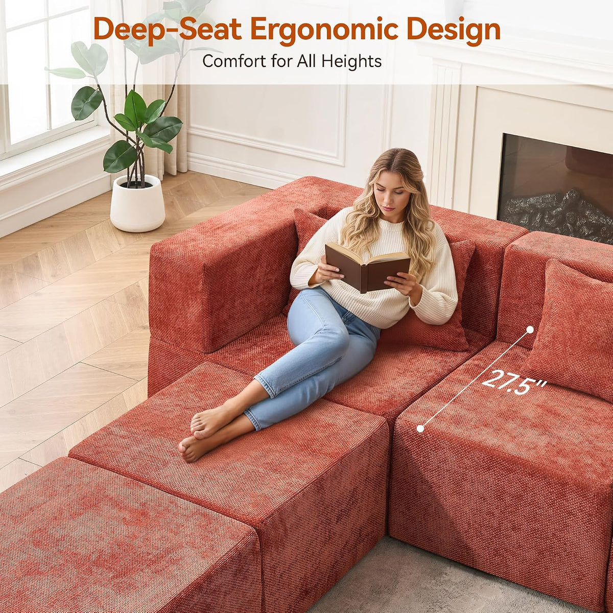 MONVANE Modular Sectional Cloud Couch for Living Room - 130'' 6 Seater Convertible Chenille Couches Set with Ottoman, No Assembly Compression Sofas, Comfy Floor Sofa with Memory Foam, Rust Red