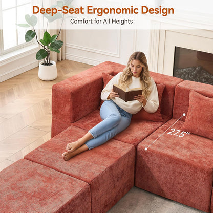 MONVANE Modular Sectional Cloud Couch for Living Room - 130'' 6 Seater Convertible Chenille Couches Set with Ottoman, No Assembly Compression Sofas, Comfy Floor Sofa with Memory Foam, Rust Red