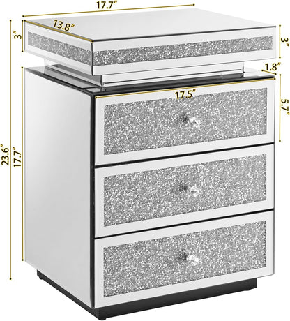 SSLine 3-Drawer Mirrored End Table,Mirrored Nightstand End Tables Bedside Table,Silver Finished Mirror Accent Side Table for Bedroom, Living Room, Entryway,Hallway