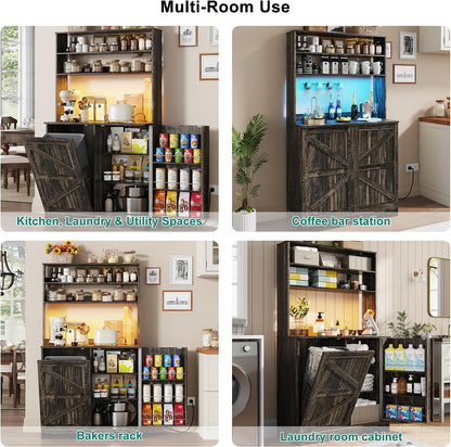 Squireewo 63" H Pantry Cabinets with 10 Gallon Trash Can,Led Light,Outlet,35" W Kitchen Hutch with Tilt Out Trash Can Cabinet,Farmhouse Cupboard with Large Countertop for Living Room, Dining Room