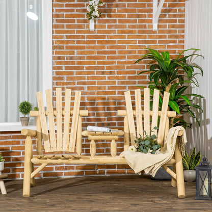 Adirondack Loveseat Chair, 2-Seat Wooden Patio Bench with Built-in Table, Outdoor Fire Pit Chair for Porch, Backyard, Deck, Garden Seating, Natural