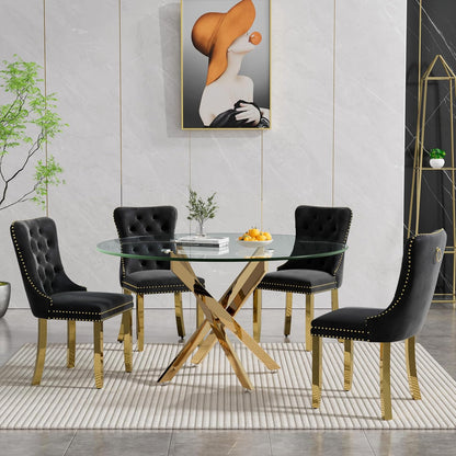 Round Glass Dining Table Set for 4, Small Kitchen Table Set for 4, 47" Circle Gold Glass Table and Chairs Set of 4,5 Piece Round Dining Room Table Set w/Black Velvet Chairs for Breakfast Dinette Cafe