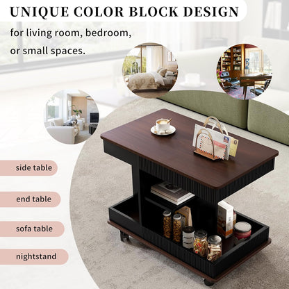 Adjustable Side Table with Wheels, 360° Rotating Lift-Top & Storage, Modern Bedside/Sofa Rolling Table for Small Spaces, Living Room Use, Black