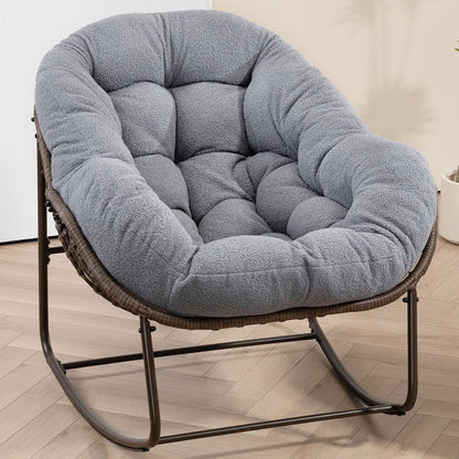Oversized Papasan Rocking Chair - Outdoor Luxury Egg Chair Indoor Rattan Comfy Rock Chair with Cushion for Patio Garden Porch Lounge Lawn Bedroom Living Room (Grey Teddy)