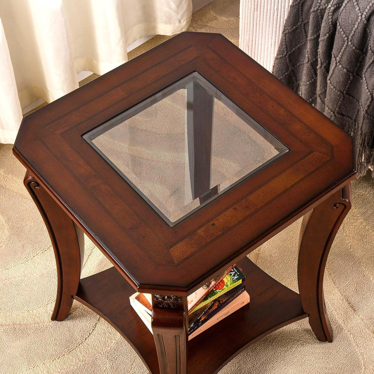 Square High End Side Table with Tempered Glass Top, Farmhouse Sofa Beside Table with Storage Shelf, Living Room Corner Tables with Wood Carved legs, 23.8”H Telephone Tabless, Cherry Brown CJZ-A1168-GT