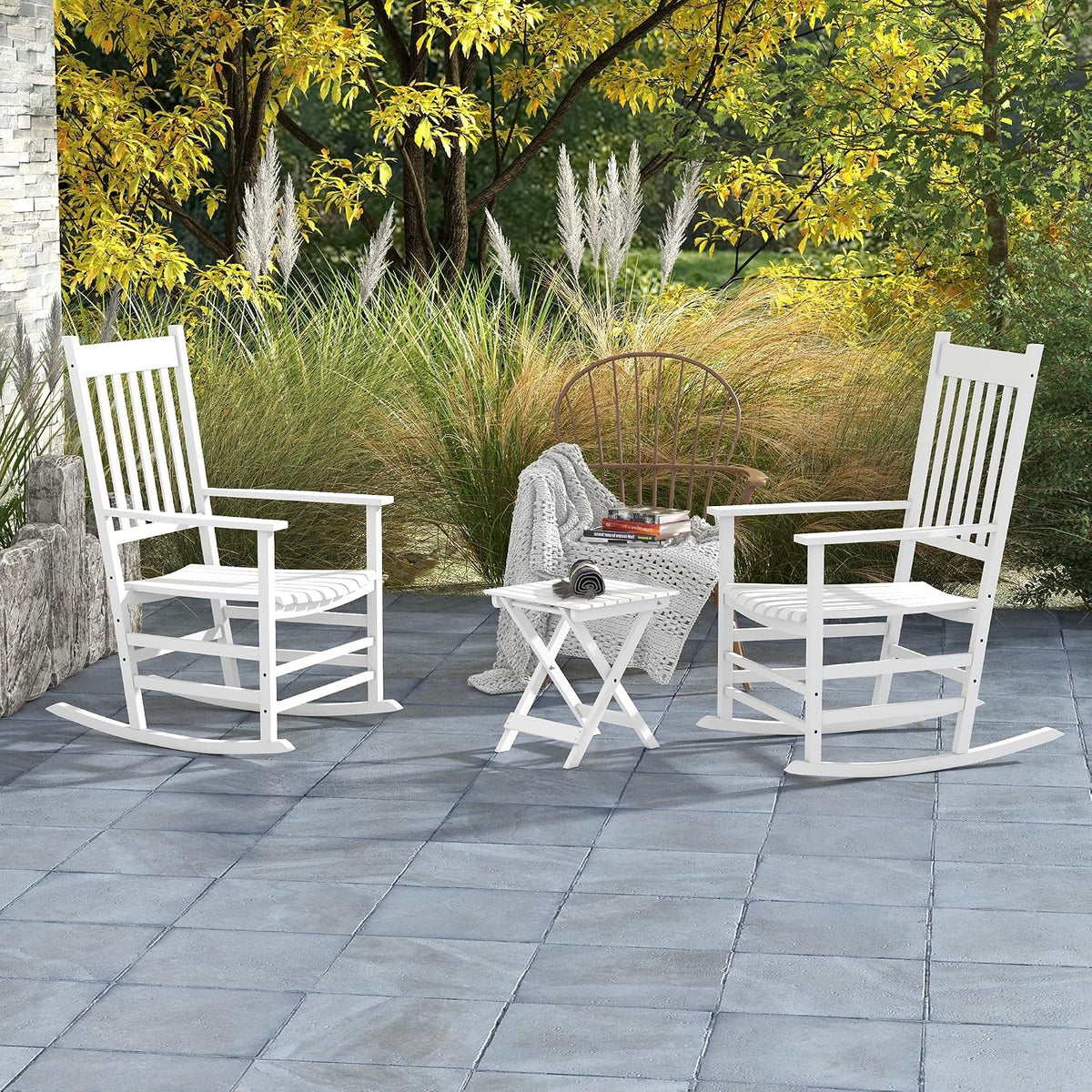 Outsunny Outdoor Rocking Chair Set of 2 with Side Table, Patio Wooden Rocking Chair with Smooth Armrests, High Back for Garden, Balcony, Porch, Supports Up to 352 lbs, White