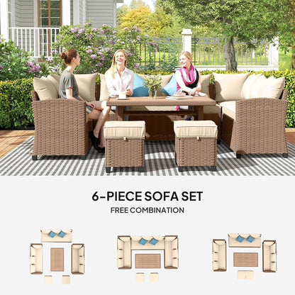 6-Piece PE Rattan Patio Set: 3 Sofas, 2 Ottomans, Coffee Table, Khaki Cushions & Blue Pillows, Steel FFor rame, All-Weather