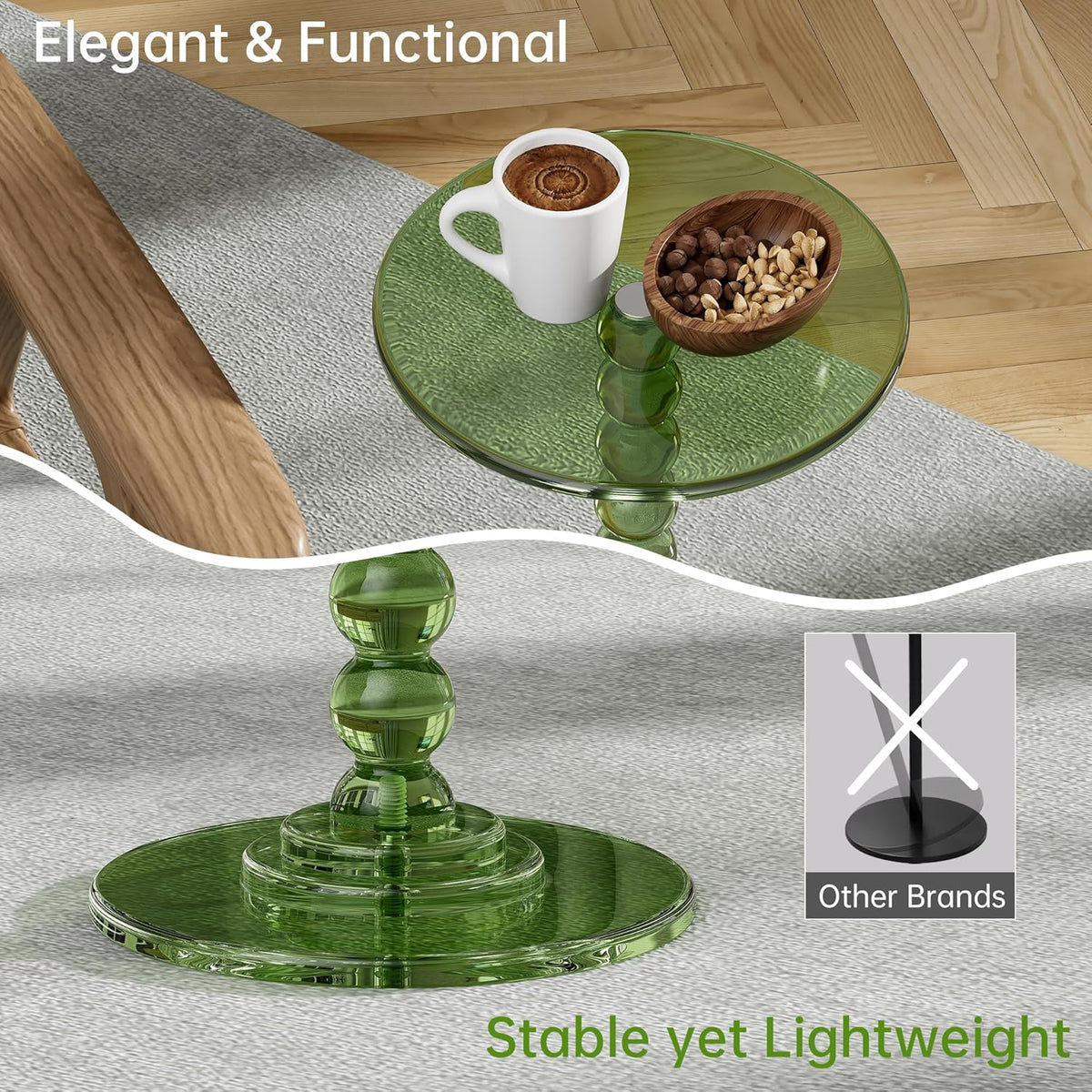 Acrylic Side Table, End Table Round Top with Solid Post for Living Room, Bedroom, Balcony, Easy Assembly (Pedestal, Green)