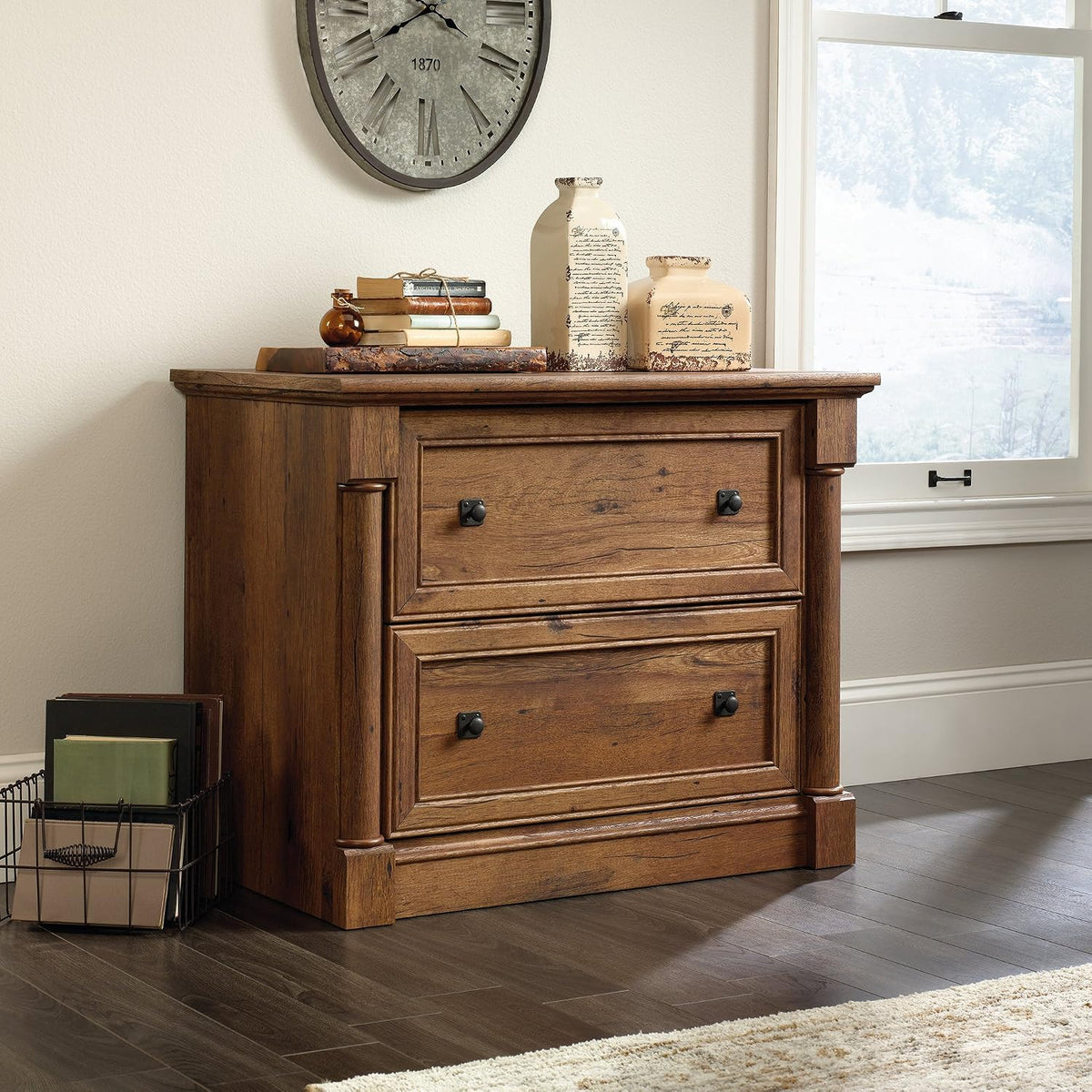 Sauder Palladia 2 Drawer File Cabinet, Lateral Filing Cabinets for Home Office, Hanging File Folders Organizer, Interlocking Drawers, in Vintage Oak Finish