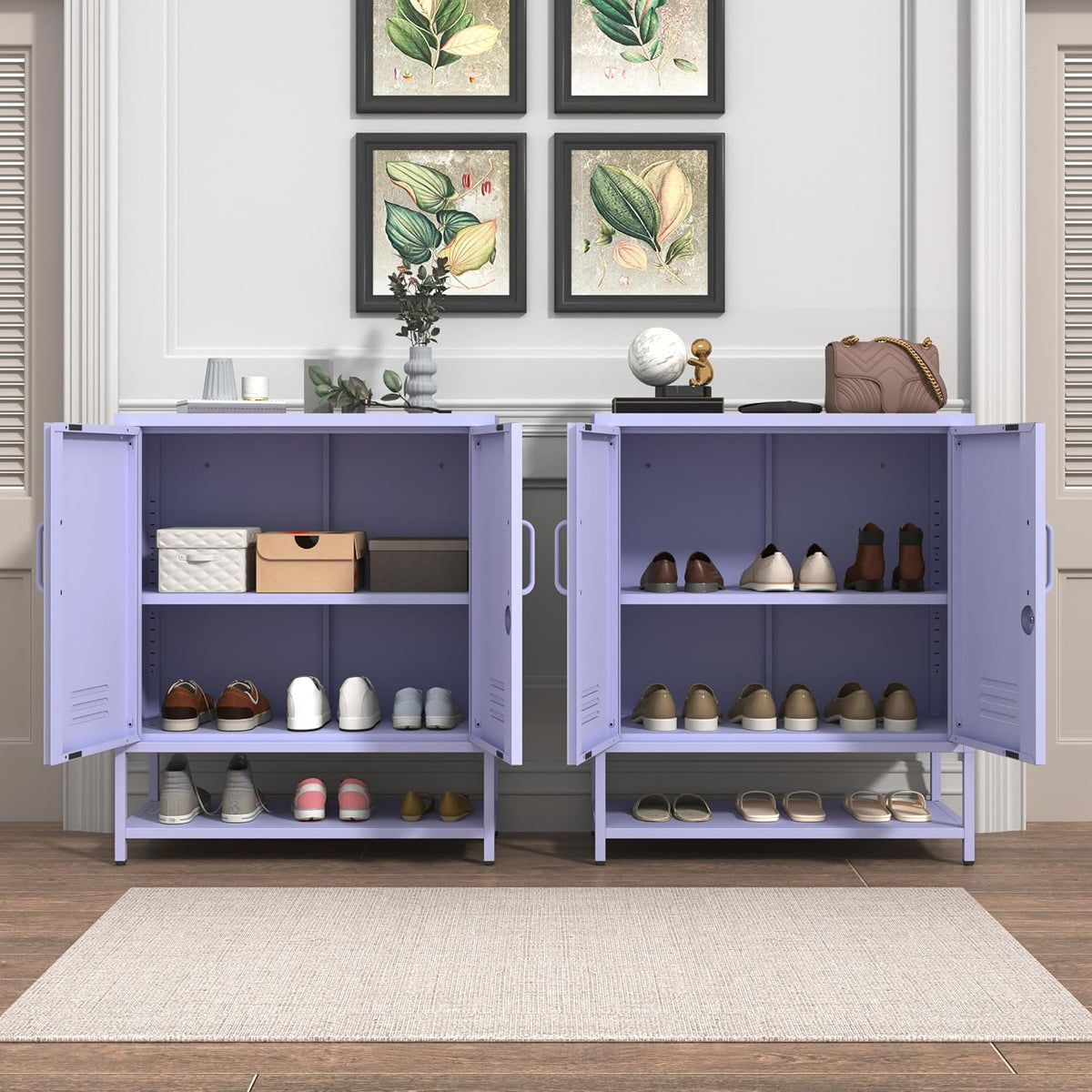 Three Tier Metal Shoe Cabinet for Home use Featuring Adjustable Shelves Multifunctional Two Door Storage Cabinet Suitable for entryways and hallways Purple Size: 13.8" D x 29.5" W x 33" H
