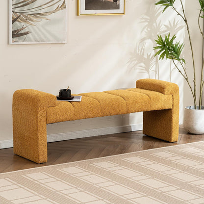 Boucle End of Bed Bench Upholstered Modern Bedroom Bench Channel Tufted Window Bench Comfy Long Ottoman for Living Room/Hallway/Indoor (Mustard, 60" Curved Arm)