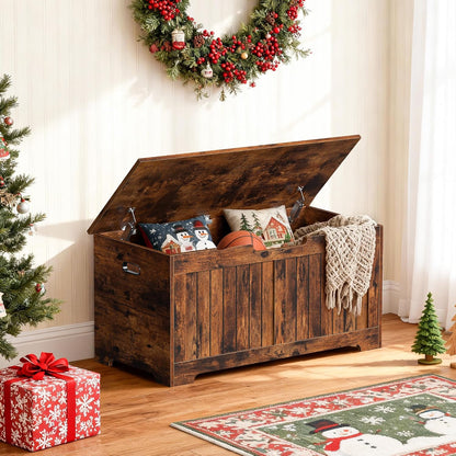 SUPER DEAL Storage Chest, 39 inches Chest Box Organizer with 2 Safety Hinges, Wooden Entryway Shoe Organizer Storage Bench, Rustic Brown
