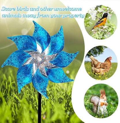 Hausse 10 Pack Reflective Pinwheels with Stakes, Extra Sparkly Pin Wheel for Garden Decor, Bird Repellent Devices Deterrent to Scare Birds Away from Yard Patio Farm, Blue