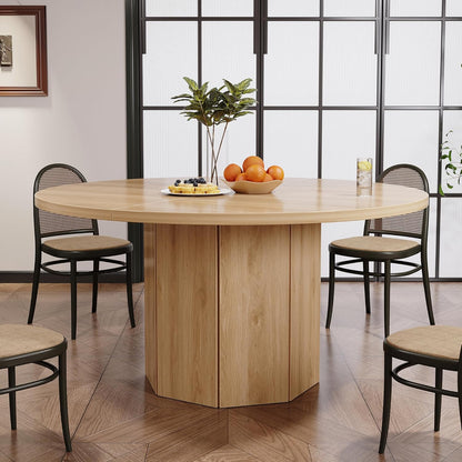 HSH 47” Round Dining Table for 4, Modern Farmhouse Wood Dinner Table with Octagon Pedestal Base, Circular Kitchen Dining Room Table for Home Apartment Living Room, Light Oak