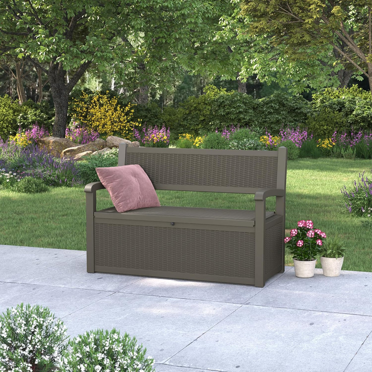 80 Gallon Outdoor Storage Box, Resin Patio Furniture with Armrest, Lockable Deck Box with Waterproof and UV Resistant for Patio Cushions, Garden Tools and Pool Supplies, Grey