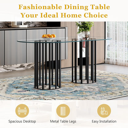 Oval Tempered Glass Dining Table for 4-8 People, 71'' Tall Kitchen Tables for Small Spaces, Modern Dinning Room Furniture, Metal Pillar Base, for Living Room, Kitchen, Dining Room, Black