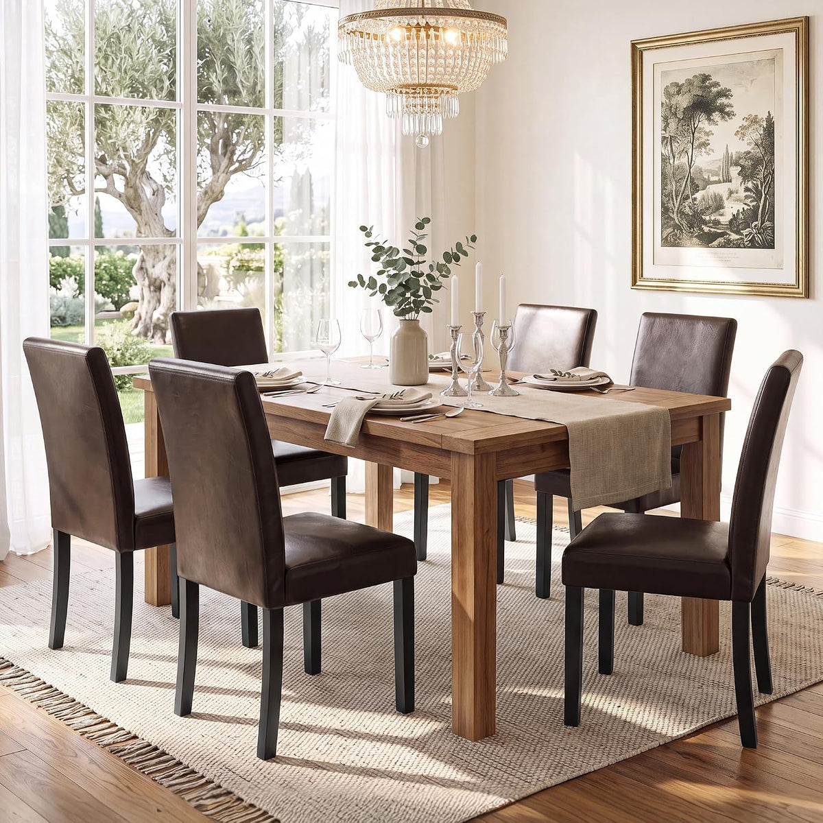 LSSPAID Dining Chairs Set of 6, Upholstered Leather Parsons Dining Room Chairs with Solid Wood Legs, Modern Armless Side Chairs for Kitchen Restaurant Home, Dark Brown