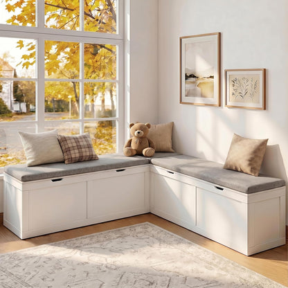 63” Breakfast Nook Bench, L Shaped Storage Bench with Cushion, White | Corner Bench for Kitchen Dining Room and Entryway, Space Saving Kitchen and Dining Nook Bench, Farmhouse Style