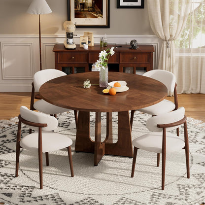 47" Round Dining Table Set for 4-6, Farmhouse Kitchen Table & 4 Beige Upholstered Fabric Chairs with MDF Tabletop and Base, Space-Saving Round Dinner Table Set for Small Apartments, Walnut