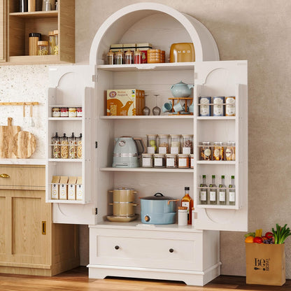 IRONCK 70.9 in Kitchen Pantry with Large Drawer Adjustable Shelves | kitchen pantry; 2 doors; large drawer; adjustable shelves; arched open shelving