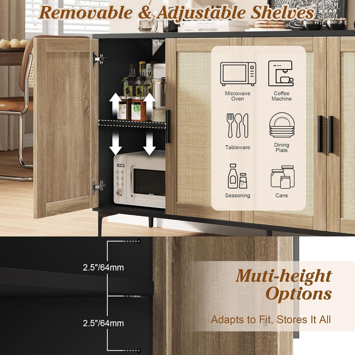 JASIWAY Buffet Cabinet with Storage, 48" Rattan Sideboard with Adjustable Shelves, Modern Coffee Bar Cabinet Console Table with Doors, Credenza for Kitchen, Living Room, Entryway, Dining Room, Black